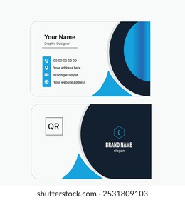 Minimal Business card with blue accents, rounded corners, QR code, and organized contact information. Ideal for professionals and brands. 