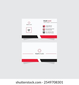 Minimal business card design with red and black accents, featuring a QR code, contact details, and a clean, modern layout for creative professionals.