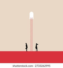 Minimal business concept illustration of a man and woman standing before a tall ladder leading upward, symbolizing opportunity, ambition, career growth, challenge, and the path to success