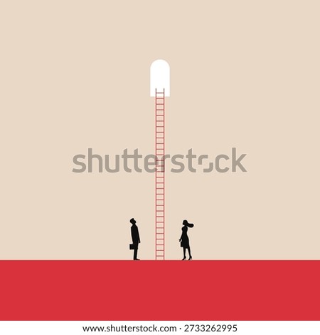 Minimal business concept illustration of a man and woman standing before a tall ladder leading upward, symbolizing opportunity, ambition, career growth, challenge, and the path to success