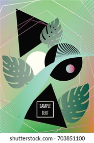 Minimal Business Cover Modern Simple Poster with Tropical Exotic Plants. Monstera Leaves Gradient Smooth Funky Cover Design. Shiny Futuristic Geometrical Digital Background Dreamy Surrealistic Vector.