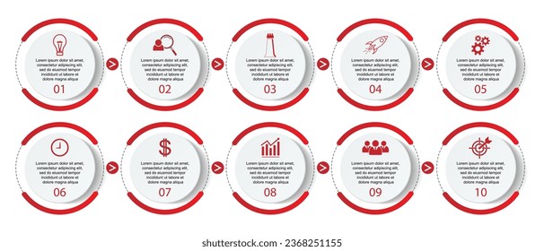 Minimal Business Infographic Template. Timeline with 10 marketing steps, options and icons. Vector linear infographic with ten circle connected elements. Can be used for your presentations.