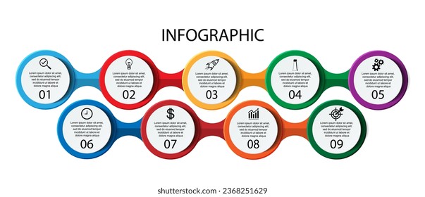 Minimal Business Infographic Template. Timeline with 9 marketing steps, options and icons. Vector linear infographic with nine circle connected elements. Can be used for presentations.