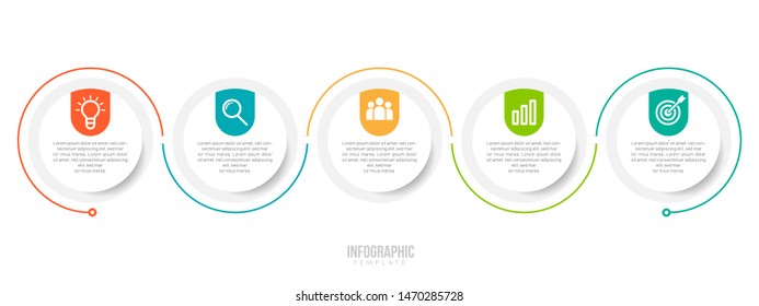 Minimal Business Infographics template. Timeline with 5 steps, options and marketing icons .Vector linear infographic with five circle conected elements. Can be use for presentation.