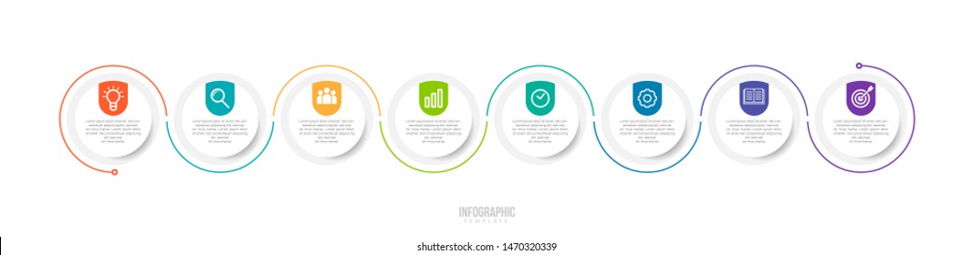 Minimal Business Infographics template. Timeline with 8 steps, options and marketing icons .Vector linear infographic with eight circle conected elements. Can be use for presentation.