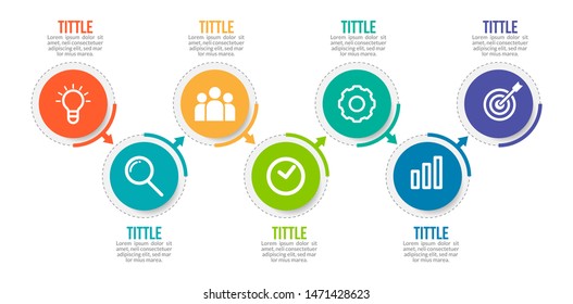 Шаблон минимальной бизнес-инфографики. Временная шкала с 7 шагами, опциями и маркетинговыми иконками. Векторная линейная инфографика с семью элементами, соединенными кругами. Можно использовать для презентации.