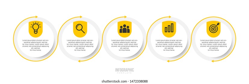 Minimal Business Infographics template. Timeline with 5 steps, options and marketing icons .Vector linear infographic with five circle conected elements. Can be use for presentation.