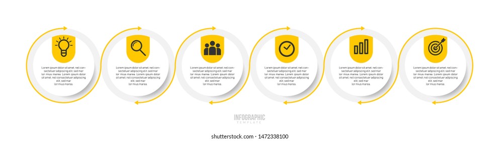 Minimal Business Infographics template. Timeline with 6 steps, options and marketing icons .Vector linear infographic with six circle conected elements. Can be use for presentation.