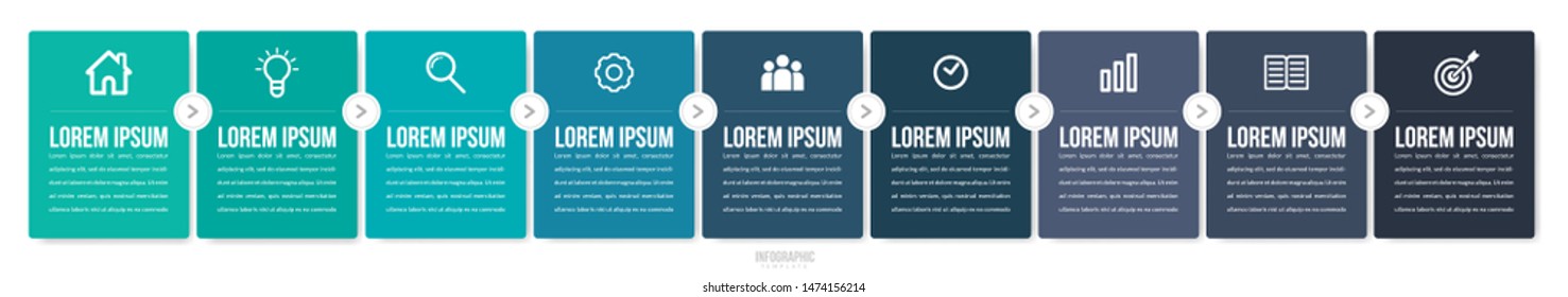 Minimal Business Infographics template. Timeline with 9 steps, options and marketing icons .Vector linear infographic with nine circle connected elements. Can be use for presentation.