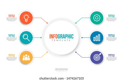 Minimal Business Infographics Template. Timeline With 6 Steps, Options And Marketing Icons .Vector Linear Infographic With Six Circle Connected Elements. Can Be Use For Presentation.