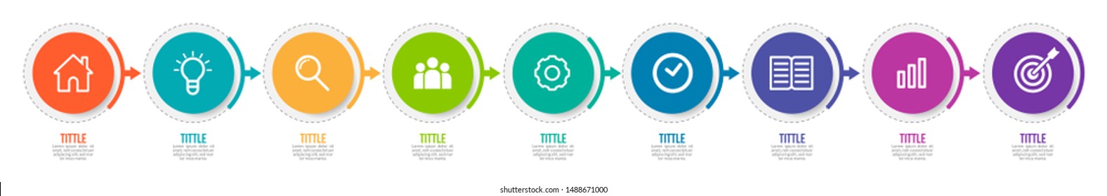 Minimal Business Infographics template. Timeline with 9 steps, options and marketing icons .Vector linear infographic with nine circle conected elements. Can be use for presentation.