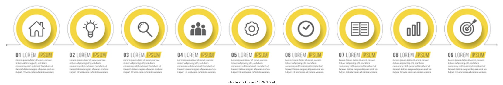Minimal Business Infographics template. Timeline with 9 steps, options and marketing icons .Vector linear infographic with nine circle conected elements. Can be use for presentation.