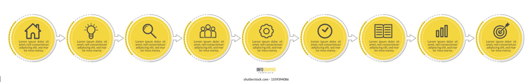 Minimal Business Infographics template. Timeline with 9 steps, options and marketing icons .Vector linear infographic with nine circle connected elements. Can be use for presentation.