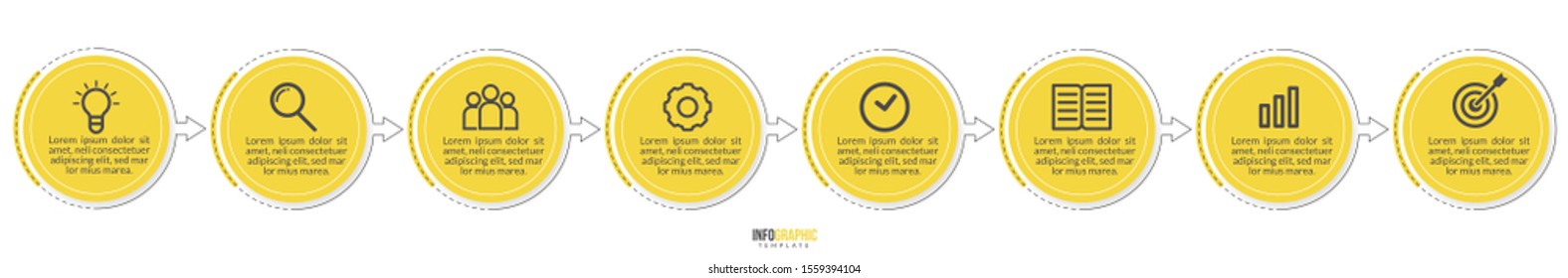 Minimal Business Infographics template. Timeline with 8 steps, options and marketing icons .Vector linear infographic with eight circle connected elements. Can be use for presentation.