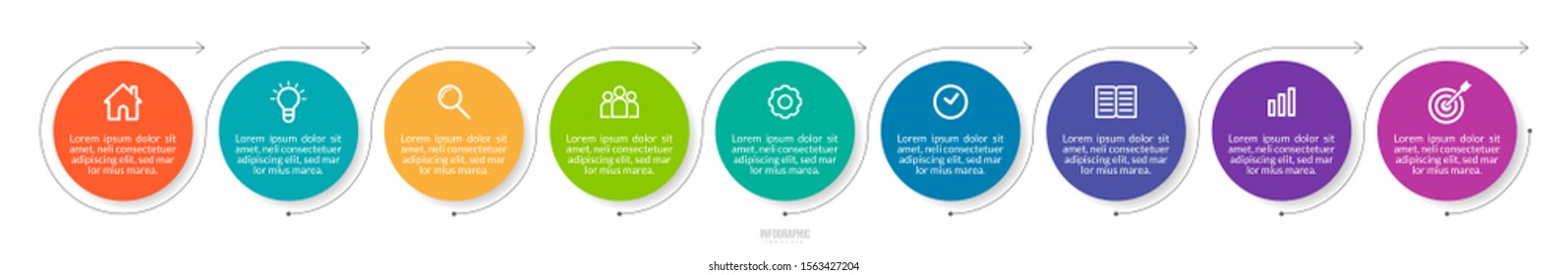 Minimal Business Infographics template. Timeline with 9 steps, options and marketing icons .Vector linear infographic with nine circle conected elements. Can be use for presentation.