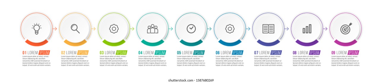 Minimal Business Infographics template. Timeline with 9 steps, options and marketing icons .Vector linear infographic with nine circle conected elements. Can be use for presentation.