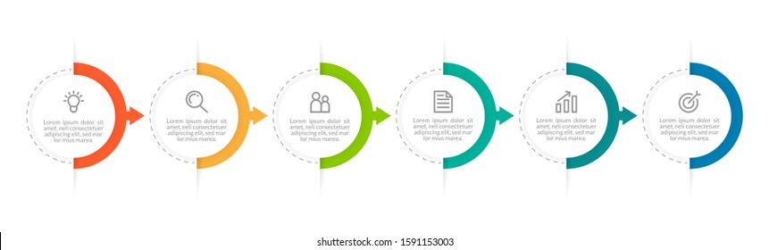 Minimal Business Infographics template. Timeline with 6 steps, options and marketing icons .Vector linear infographic with six circle conected elements. Can be use for presentation.