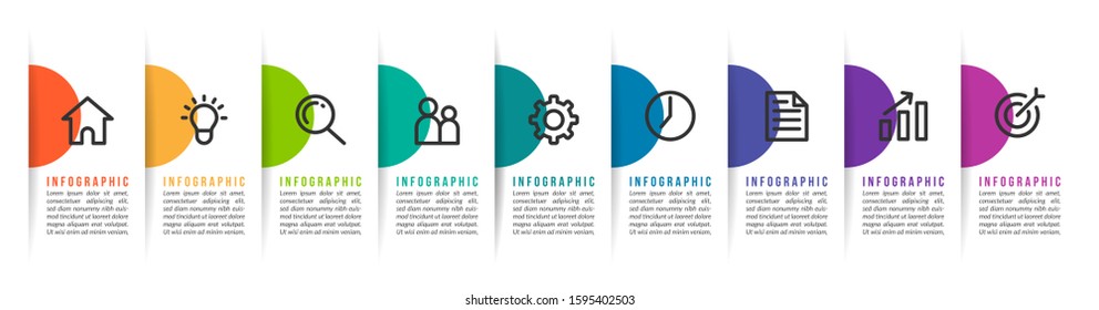 Minimal Business Infographics template. Timeline with 9 steps, options and marketing icons .Vector linear infographic with nine conected elements. Can be use for presentation.
