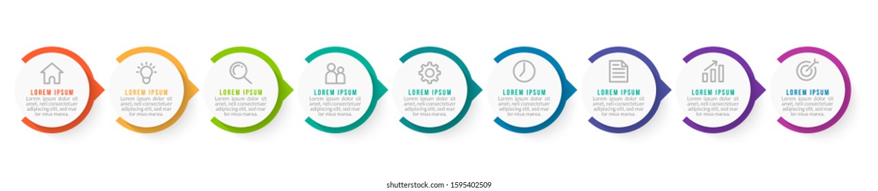 Minimal Business Infographics template. Timeline with 9 steps, options and marketing icons .Vector linear infographic with nine conected elements. Can be use for presentation.
