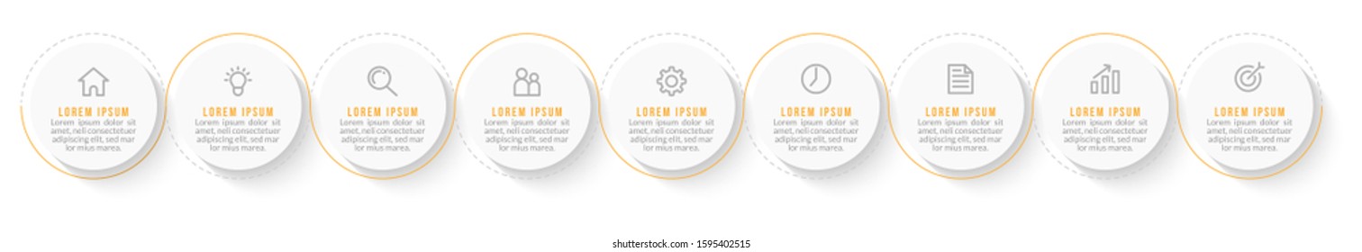 Minimal Business Infographics template. Timeline with 9 steps, options and marketing icons .Vector linear infographic with nine conected elements. Can be use for presentation.