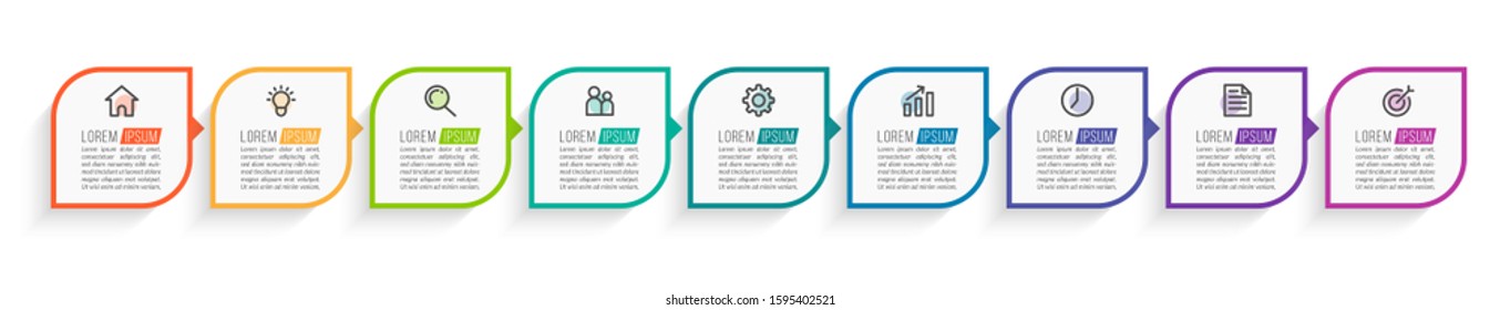 Minimal Business Infographics template. Timeline with 9 steps, options and marketing icons .Vector linear infographic with nine conected elements. Can be use for presentation.