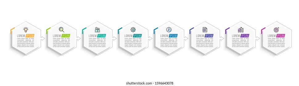 Minimal Business Infographics template. Timeline with 8 steps, options and marketing icons .Vector linear infographic with eight circle conected elements. Can be use for presentation.