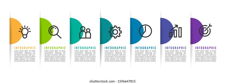 Minimal Business Infographics template. Timeline with 7 steps, options and marketing icons .Vector linear infographic with seven circle conected elements. Can be use for presentation.