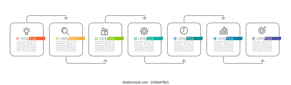 Minimal Business Infographics template. Timeline with 7 steps, options and marketing icons .Vector linear infographic with seven circle conected elements. Can be use for presentation.