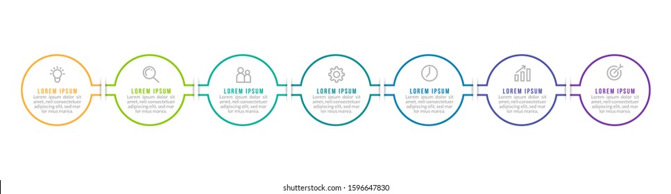 Minimal Business Infographics template. Timeline with 7 steps, options and marketing icons .Vector linear infographic with seven circle conected elements. Can be use for presentation.