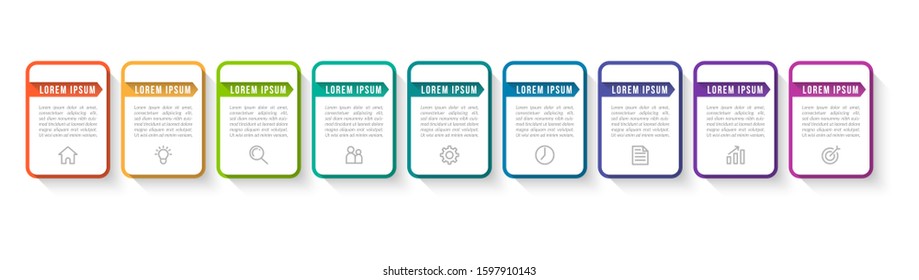 Minimal Business Infographics template. Timeline with 9 steps, options and marketing icons .Vector linear infographic with nine circle conected elements. Can be use for presentation.