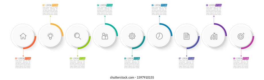 Minimal Business Infographics template. Timeline with 9 steps, options and marketing icons .Vector linear infographic with nine circle conected elements. Can be use for presentation.