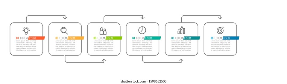 Minimal Business Infographics template. Timeline with 6 steps, options and marketing icons .Vector linear infographic with six conected elements. Can be use for presentation.
