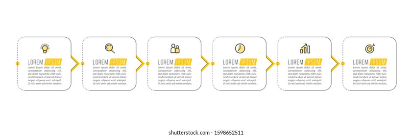 Minimal Business Infographics template. Timeline with 6 steps, options and marketing icons .Vector linear infographic with six conected elements. Can be use for presentation.