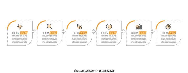 Minimal Business Infographics template. Timeline with 6 steps, options and marketing icons .Vector linear infographic with six conected elements. Can be use for presentation.