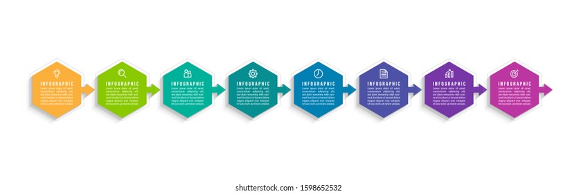 Minimal Business Infographics template. Timeline with 8 steps, options and marketing icons .Vector linear infographic with eight circle conected elements. Can be use for presentation.