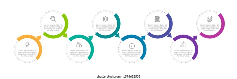 Minimal Business Infographics template. Timeline with 8 steps, options and marketing icons .Vector linear infographic with eight circle conected elements. Can be use for presentation.