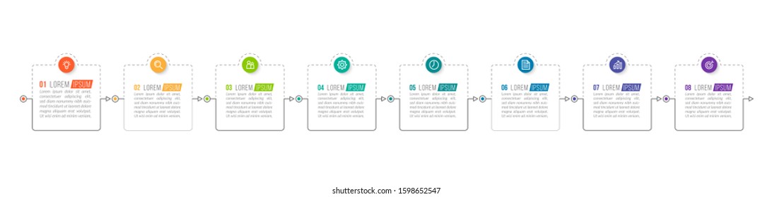 Minimal Business Infographics template. Timeline with 8 steps, options and marketing icons .Vector linear infographic with eight circle conected elements. Can be use for presentation.