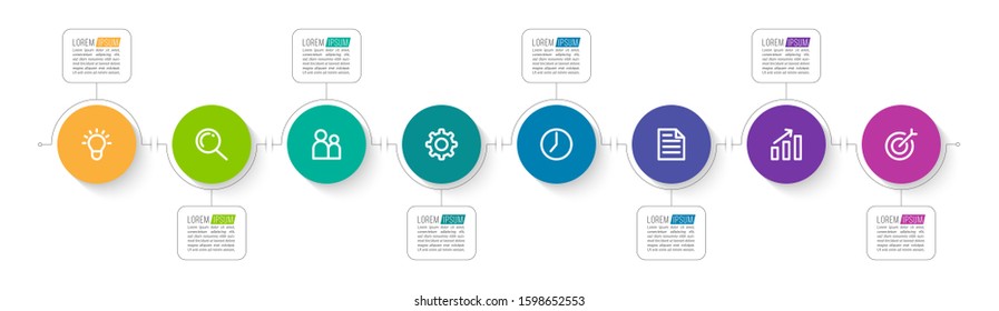 Minimal Business Infographics template. Timeline with 8 steps, options and marketing icons .Vector linear infographic with eight circle conected elements. Can be use for presentation.