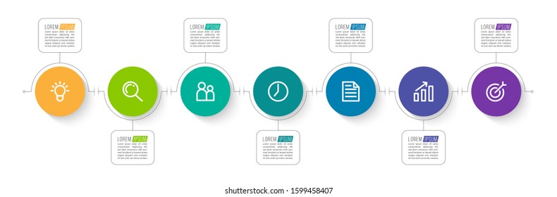 Minimal Business Infographics template. Timeline with 7 steps, options and marketing icons .Vector linear infographic with seven conected elements. Can be use for presentation.