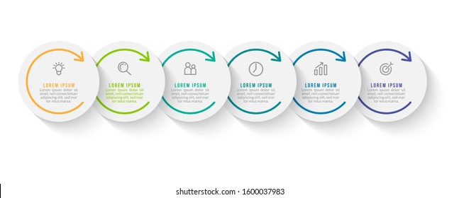 Minimal Business Infographics template. Timeline with 6 steps, options and marketing icons .Vector linear infographic with six circle conected elements. Can be use for presentation.