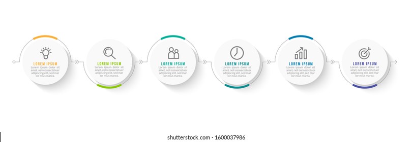 Minimal Business Infographics template. Timeline with 6 steps, options and marketing icons .Vector linear infographic with six circle conected elements. Can be use for presentation.