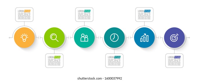 Minimal Business Infographics template. Timeline with 6 steps, options and marketing icons .Vector linear infographic with six circle conected elements. Can be use for presentation.
