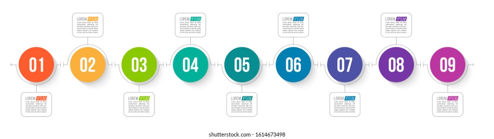 Minimal Business Infographics template. Timeline with 9 steps, options and marketing icons .Vector linear infographic with nine conected elements. Can be use for presentation.