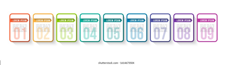 Minimal Business Infographics template. Timeline with 9 steps, options and marketing icons .Vector linear infographic with nine conected elements. Can be use for presentation.