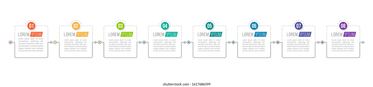 Minimal Business Infographics template. Timeline with 8 steps, options and marketing icons .Vector linear infographic with eight connected elements. Can be use for presentation.