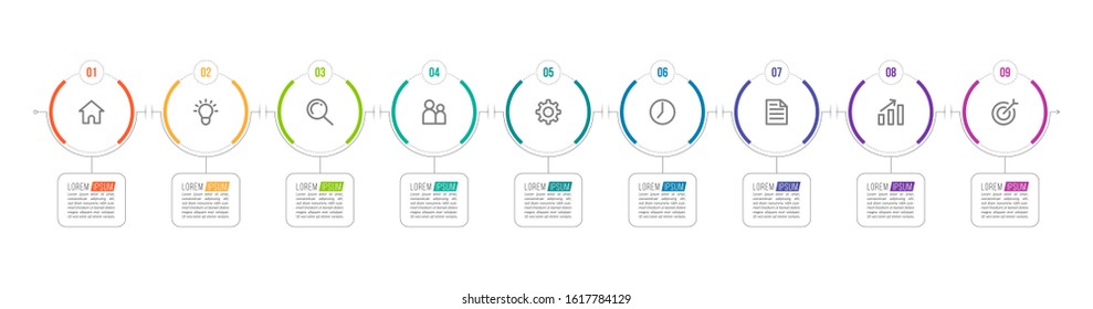 Minimal Business Infographics template. Timeline with 9 steps, options and marketing icons .Vector linear infographic with nine conected elements. Can be use for presentation.