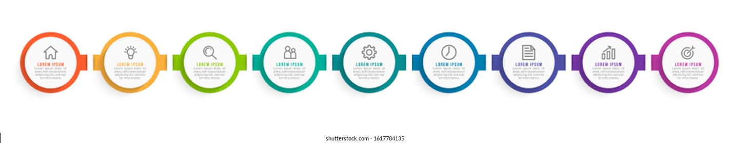 Minimal Business Infographics template. Timeline with 9 steps, options and marketing icons .Vector linear infographic with nine connected elements. Can be use for presentation.