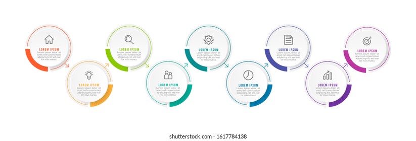 Minimal Business Infographics template. Timeline with 9 steps, options and marketing icons .Vector linear infographic with nine connected elements. Can be use for presentation.