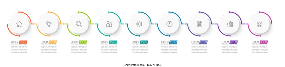 Minimal Business Infographics template. Timeline with 9 steps, options and marketing icons .Vector linear infographic with nine connected elements. Can be use for presentation.