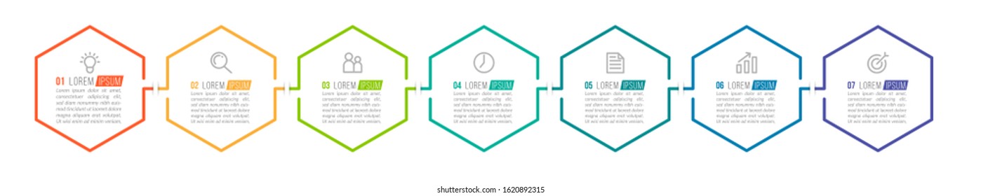 Minimal Business Infographics template. Timeline with 7 steps, options and marketing icons .Vector linear infographic with seven conected elements. Can be use for presentation.